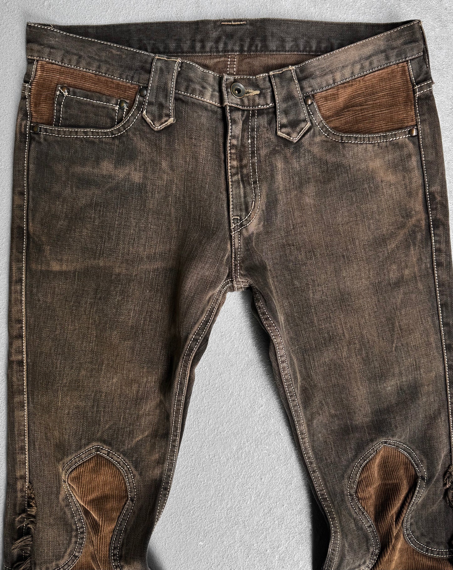 LED RECHWE Early 00s Hybrid Corduroy ‘Sword’ Western Frayed Flare Denim