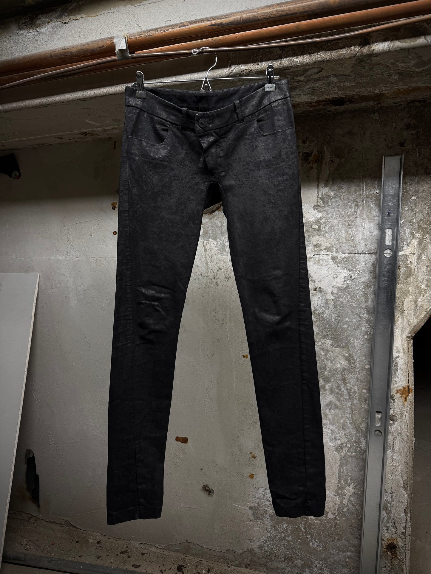 Boris Bidjan Saberi SS16 'WP2 F1405K' Black Object-Dyed Vinyl Processed Skinny Stretch Denim