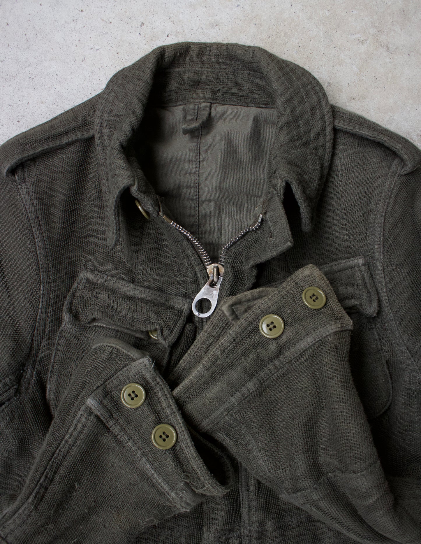 Mihara Yasuhiro AW05 Distressed Layered Mesh Military Jacket (Olive) detail shot
