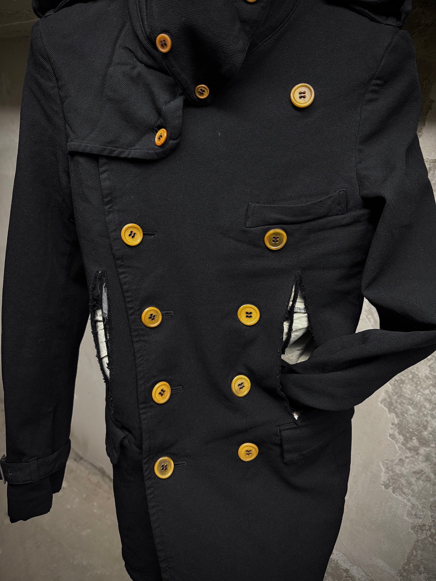 COMME des GARÇONS HOMME PLUS SS12 Cut-Out Poly Napoleon Trench Coat detail | DRIEW GARMENTS