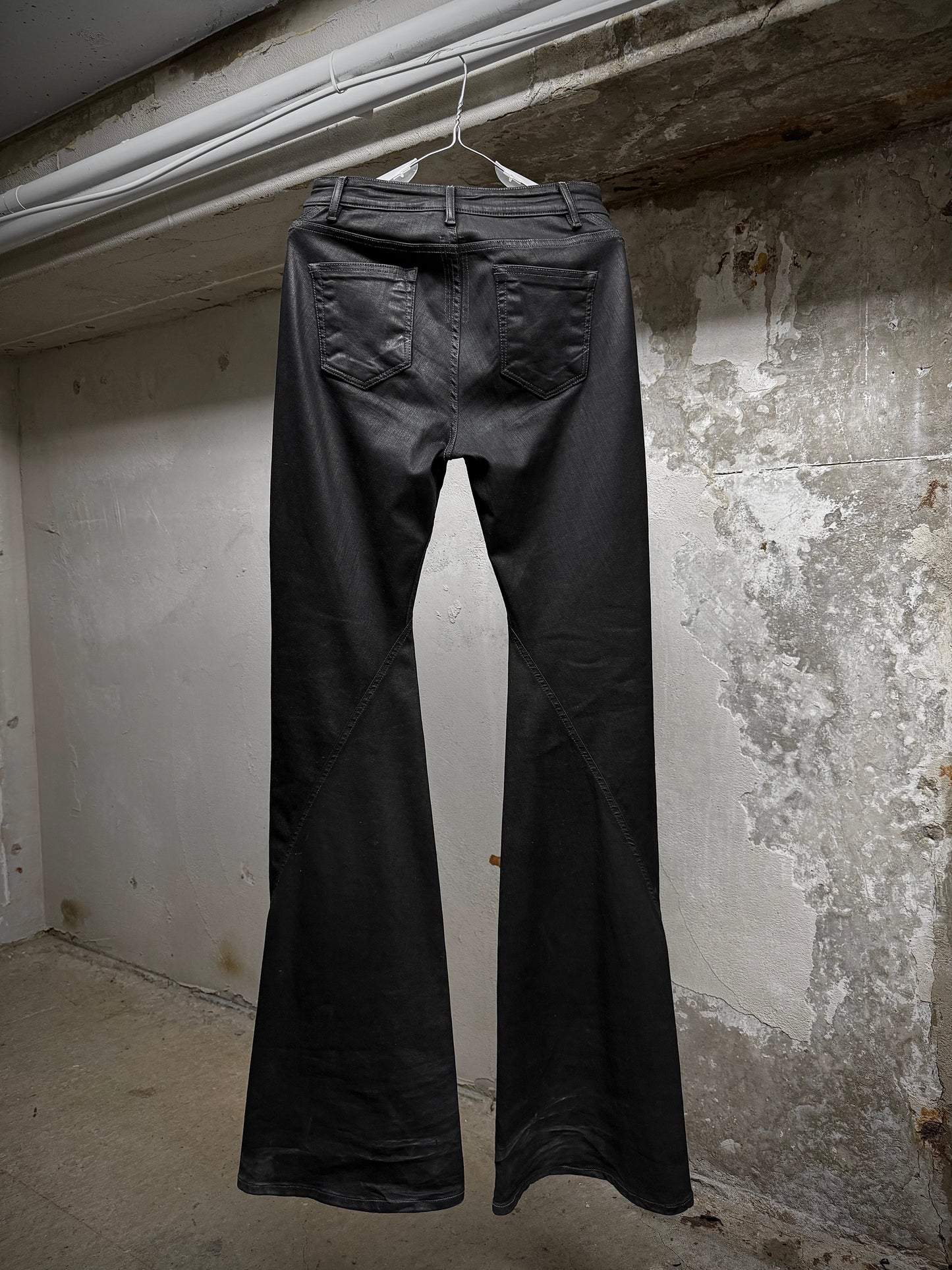 Rick Owens DRKSHDW AW24 "PORTERVILLE" 'BIAS BOOTCUT' Waxed Flare Denim detail | DRIEW GARMENTS