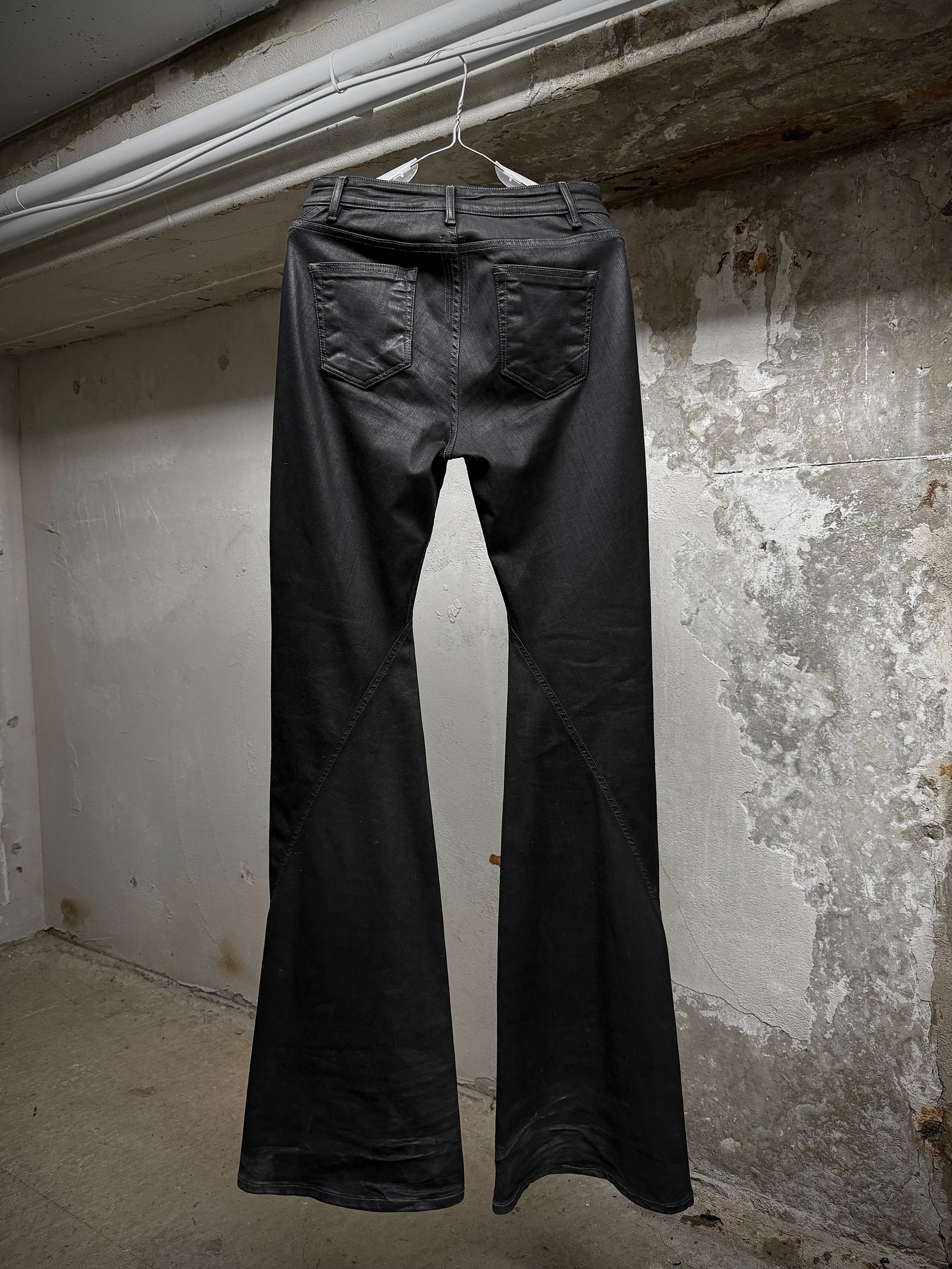 Rick Owens DRKSHDW AW24 "PORTERVILLE" 'BIAS BOOTCUT' Waxed Flare Denim detail | DRIEW GARMENTS