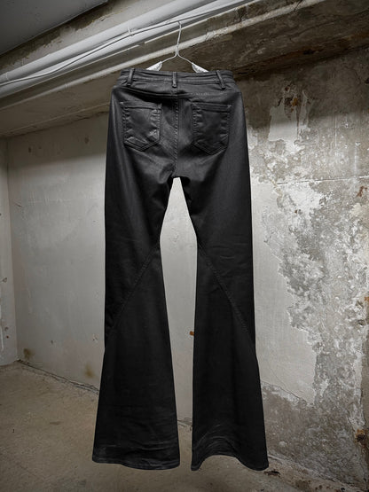 Rick Owens DRKSHDW AW24 "PORTERVILLE" 'BIAS BOOTCUT' Waxed Flare Denim detail | DRIEW GARMENTS