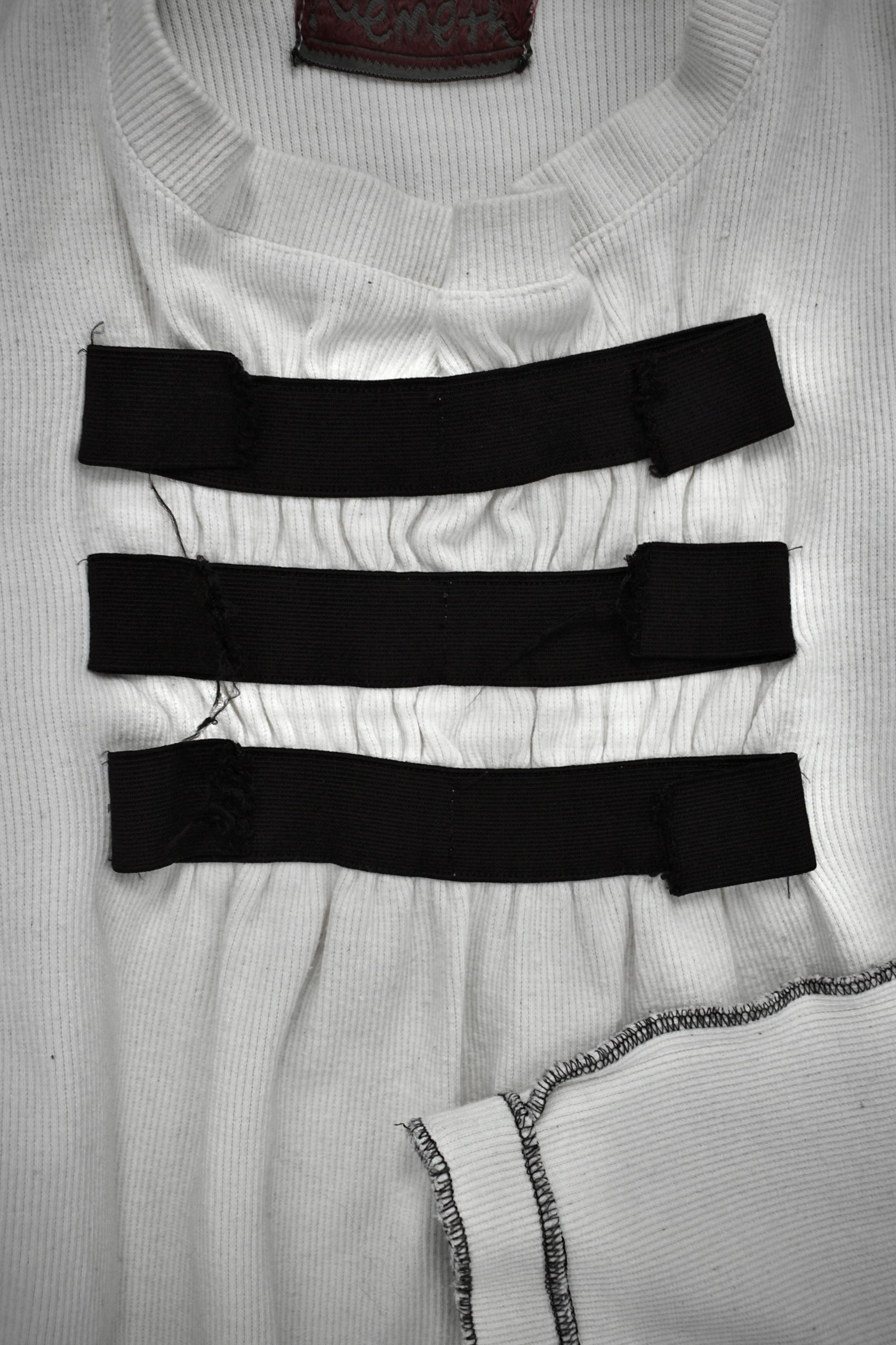 Christopher Nemeth Late 90s Exposed Overlock Stitch Ruched Rugby Cotton Long-sleeves detail | DRIEW GARMENTS