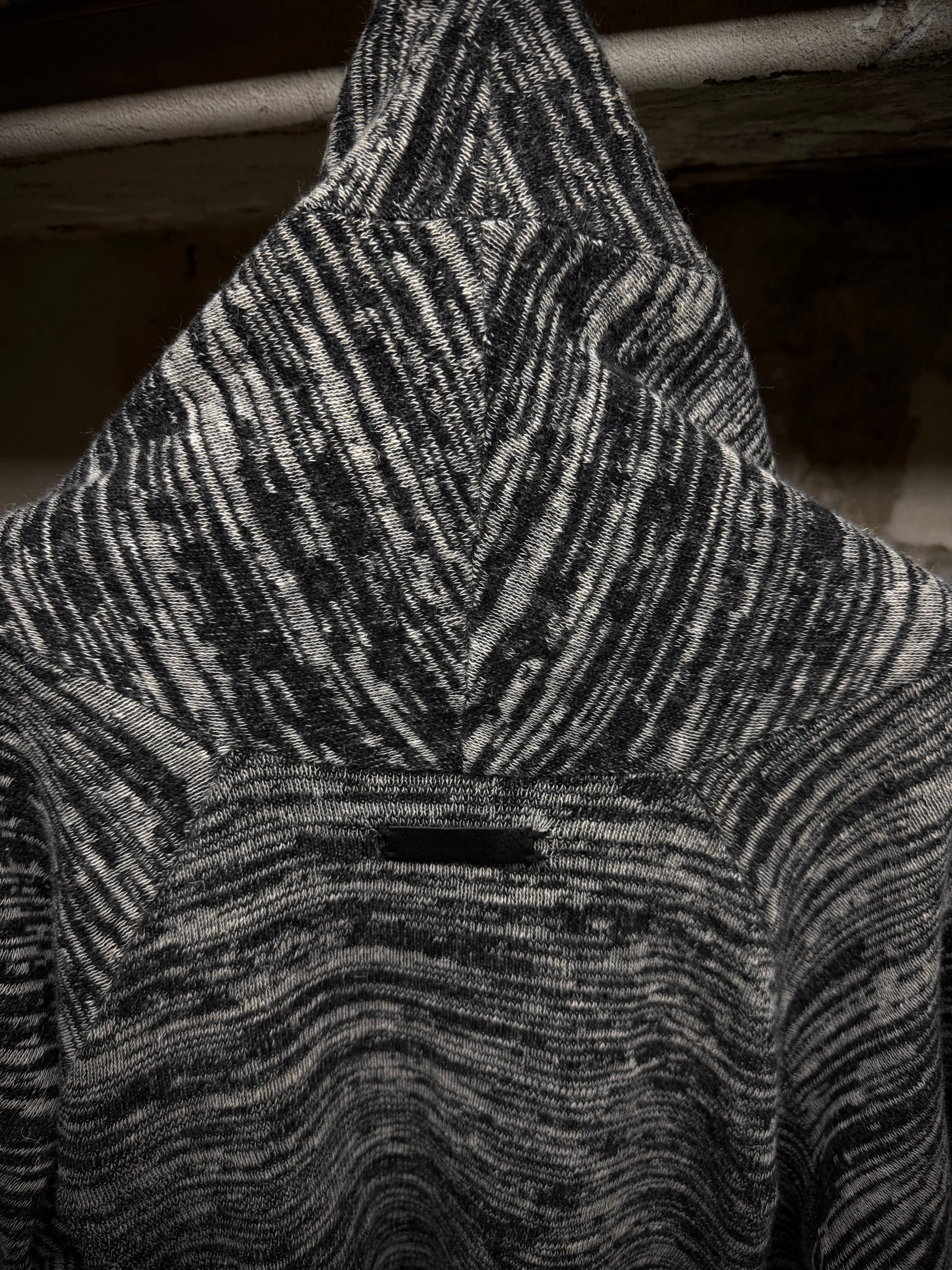 IfSixWasNine Early 00s 'NO. CARDI-1/SHT/M 902NOIH' Distressed Zebra Stripe Open Knit Cardigan detail | DRIEW GARMENTS