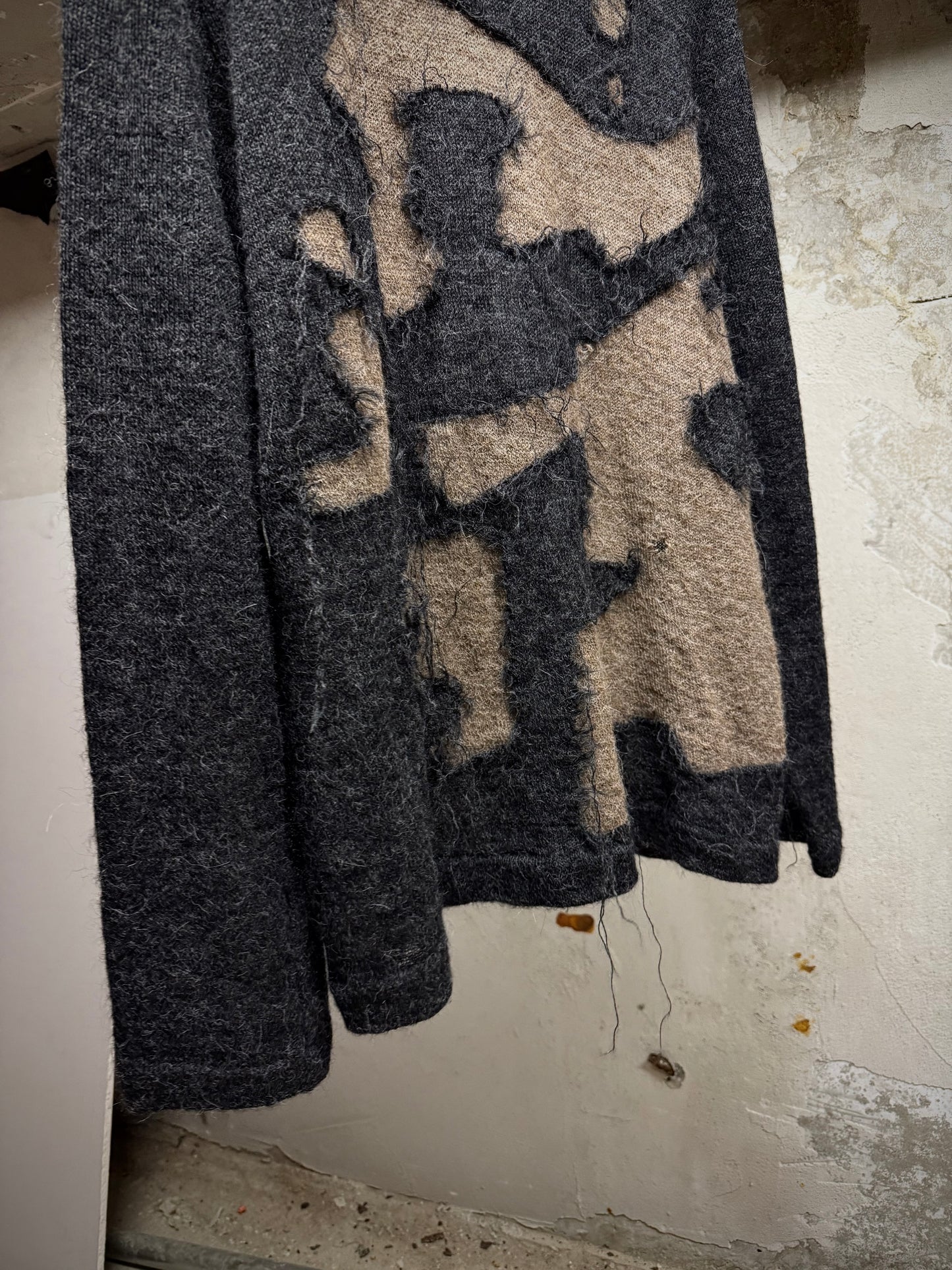 Yohji Yamamoto POUR HOMME AW04 'Burnt' Distressed Alpaca Knit Sweater detail | DRIEW GARMENTS