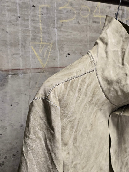 Isaac Sellam: “Experience” Pale Yellow Overlock High Neck Metal Spine Lambskin Leather Jacket