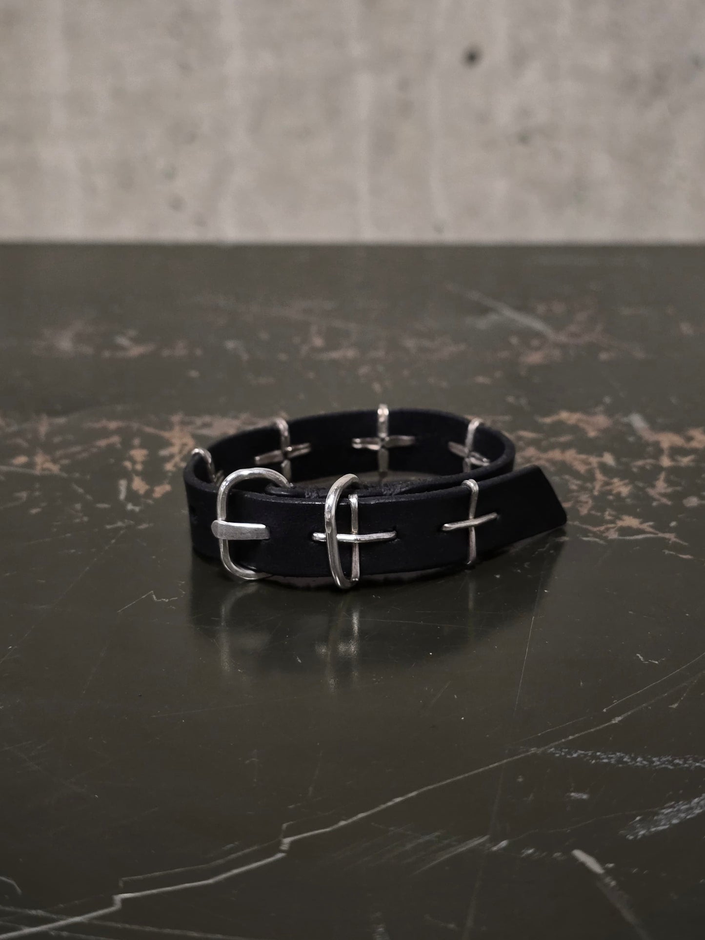 m.a+ 'A-F2BL1 GR 2.0' .925 Silver Cross Studded Cow Leather Wristband