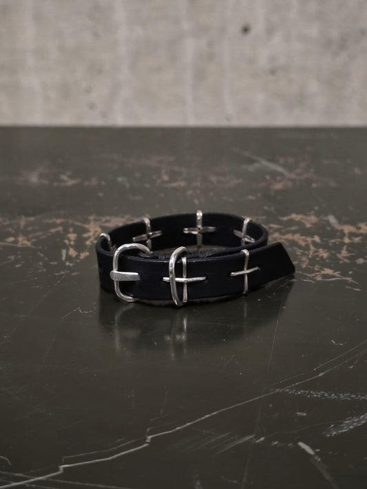 m.a+ 'A-F2BL1 GR 2.0' .925 Silver Cross Studded Cow Leather Wristband