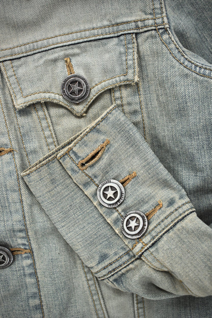 LED RECHWE Early 00s Vintage Wash Distressed Cropped Denim Trucker Jacket