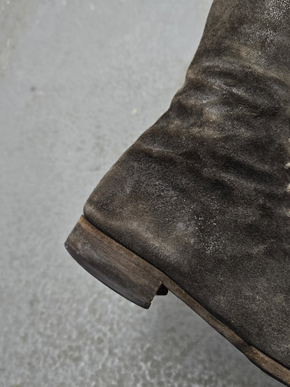 m.a+ by Maurizio Amadei 2010s Tall Lace-up Reverse Cow Leather Gothic Boots detail | DRIEW GARMENTS