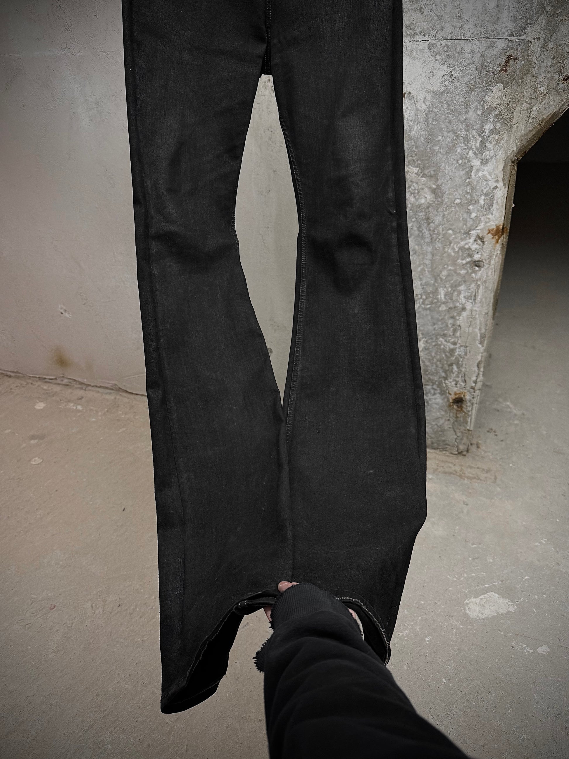 Rick Owens DRKSHDW AW21 "GETHSEMANE" 'BOLANS BOOTCUT' Waxed Flare Denim detail | DRIEW GARMENTS