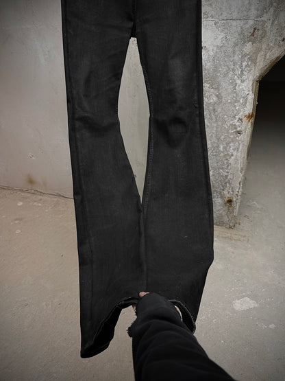Rick Owens DRKSHDW AW21 "GETHSEMANE" 'BOLANS BOOTCUT' Waxed Flare Denim detail | DRIEW GARMENTS