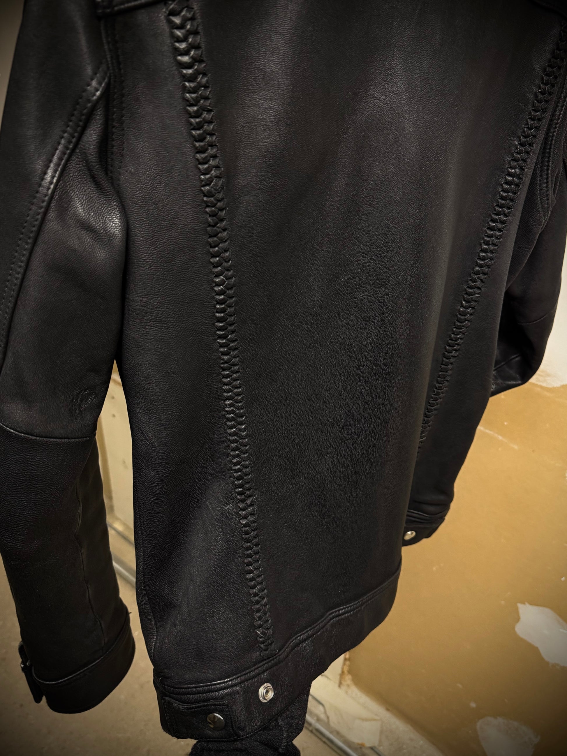 phenomenon beyond description x JOHN'S Braided Goatskin Leather Trucker Jacket detail | DRIEW GARMENTS