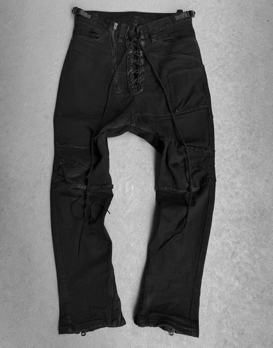 IfSixWasNine Early 00s ‘NO. LU/ SBCM’ Sarrouel Black Lace-up Skinny Zip Denim