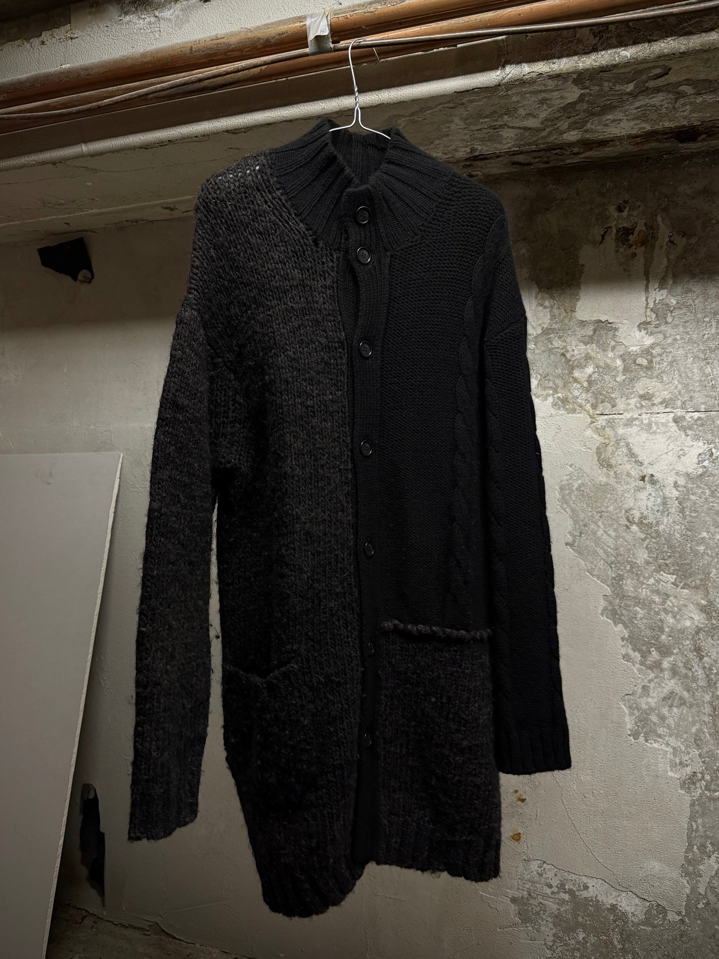 Yohji Yamamoto POUR HOMME AW15 Asymmetric Oversized Chunky Wool Cable Knit Cardigan | Archive Fashion Toronto