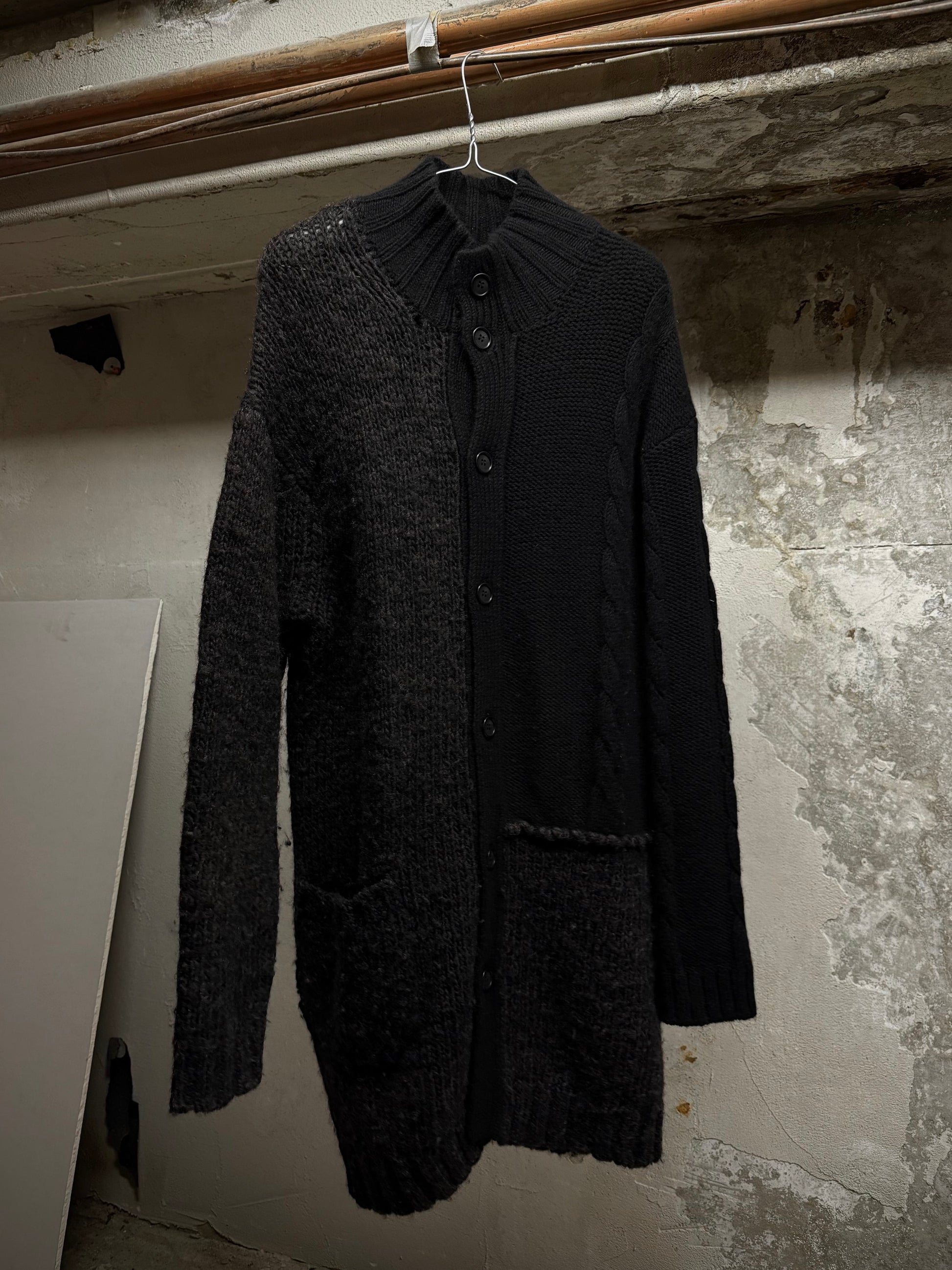 Yohji Yamamoto POUR HOMME AW15 Asymmetric Oversized Chunky Wool Cable Knit Cardigan | Archive Fashion Toronto