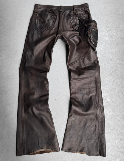 Obelisk Early 00s Brown Garment-dyed Cow Leather Flare Holster Pants