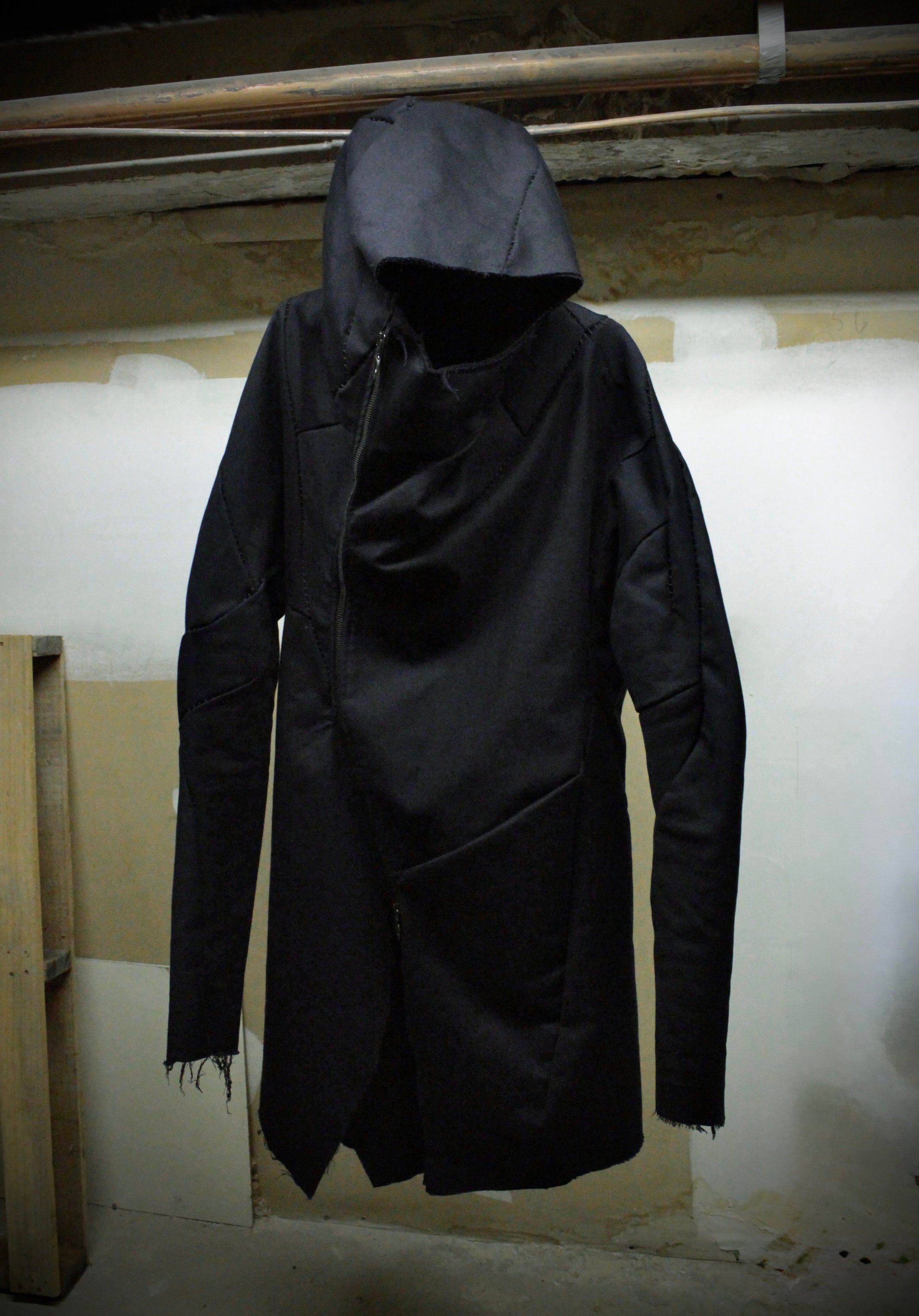 Distorted Garments LEON EMANUEL BLANCK Distortion Curved Overlock Wool Lined Hooded Coat ...