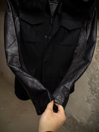 Isamu Katayama "BACKLASH" ballet by Isamu Katayama "BACKLASH" Fox Fur Hooded Hybrid Cow Leather Sleev detail | DRIEW GARMENTS