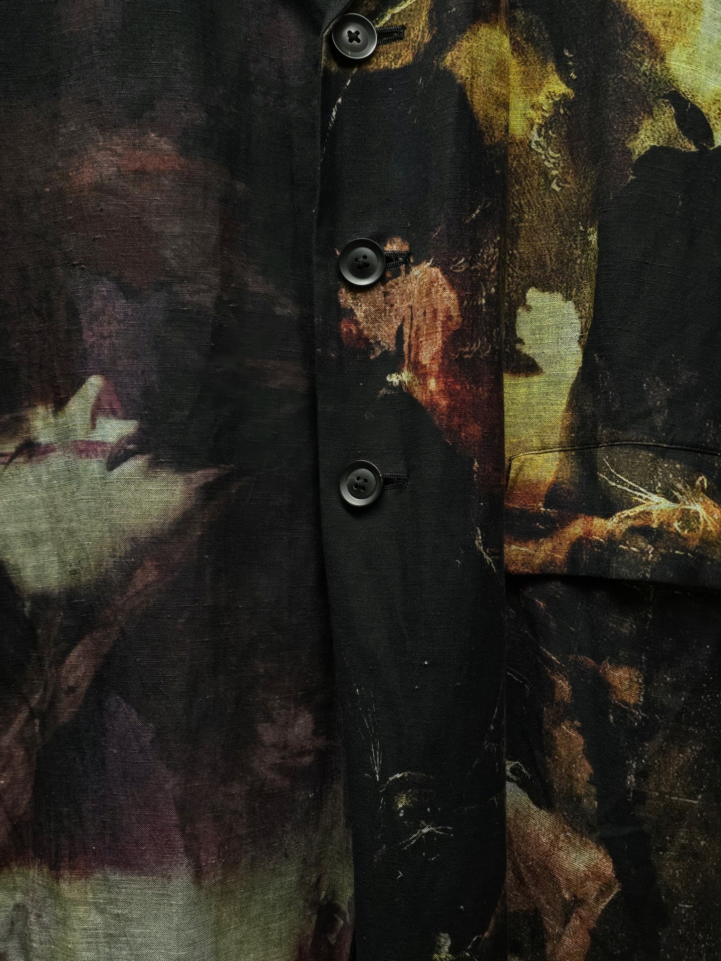 Yohji Yamamoto POUR HOMME SS24 Renaissance Painting Print Linen Coat detail | DRIEW GARMENTS