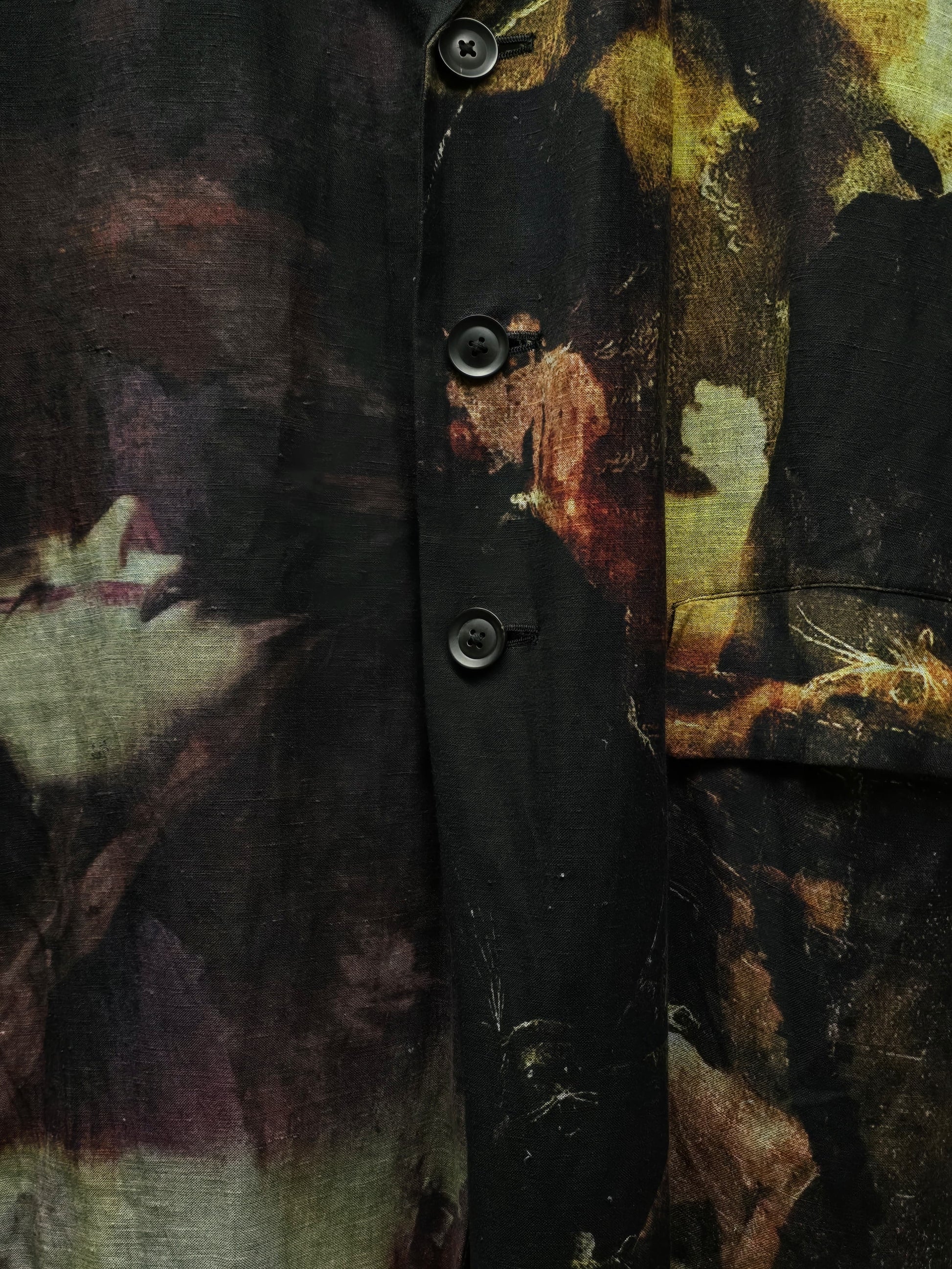 Yohji Yamamoto POUR HOMME SS24 Renaissance Painting Print Linen Coat detail | DRIEW GARMENTS