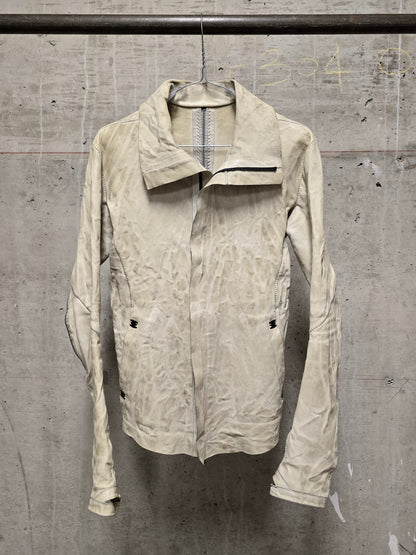 Isaac Sellam: “Experience” Pale Yellow Overlock High Neck Metal Spine Lambskin Leather Jacket