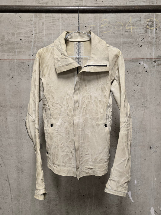 Isaac Sellam: “Experience” Pale Yellow Overlock High Neck Metal Spine Lambskin Leather Jacket