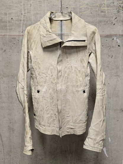 Isaac Sellam: “Experience” Pale Yellow Overlock High Neck Metal Spine Lambskin Leather Jacket