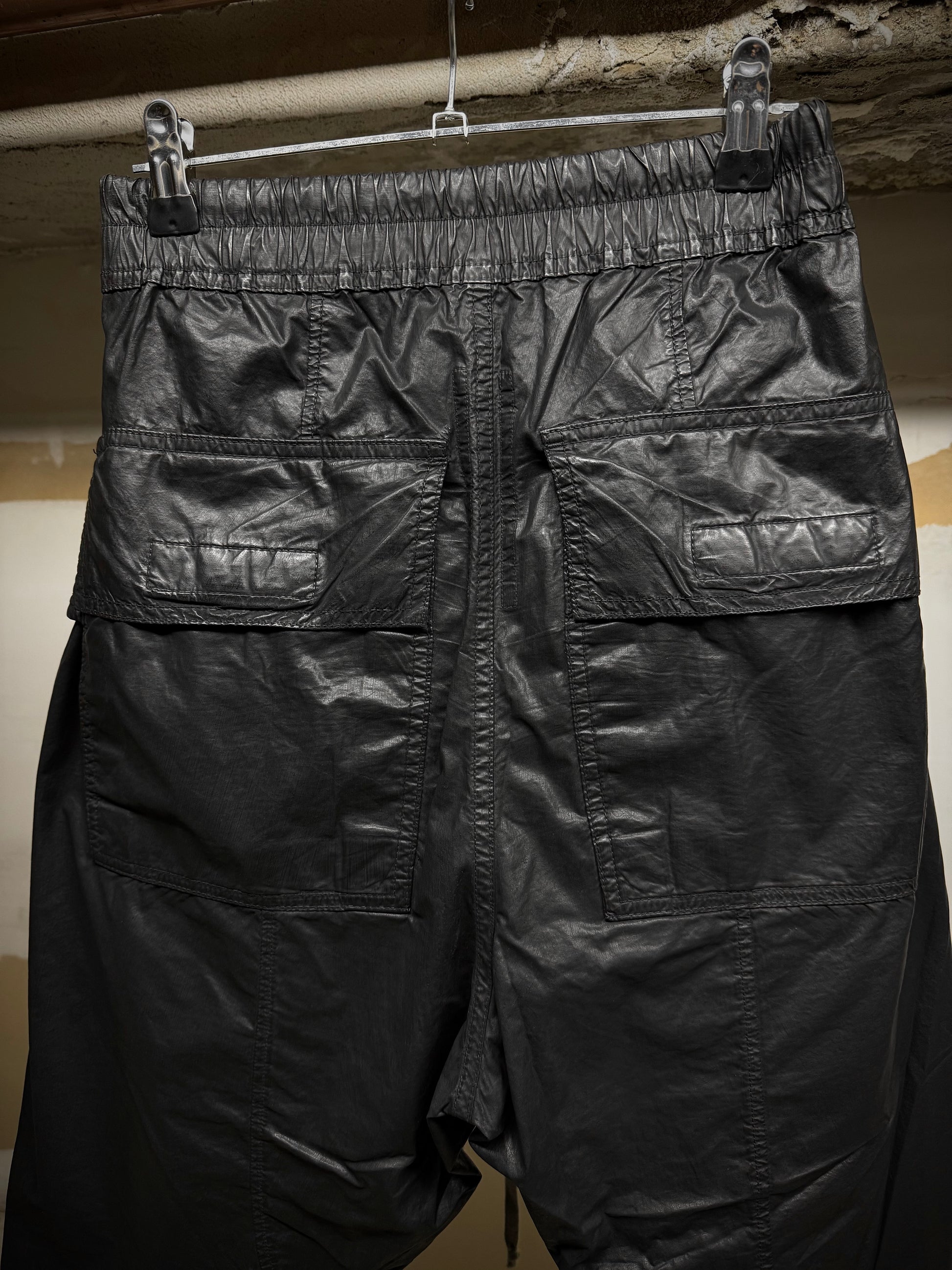 Rick Owens DRKSHDW SS21 "PHLEGETHON " Waxed Creatch Cargo Carpis Pants detail | DRIEW GARMENTS