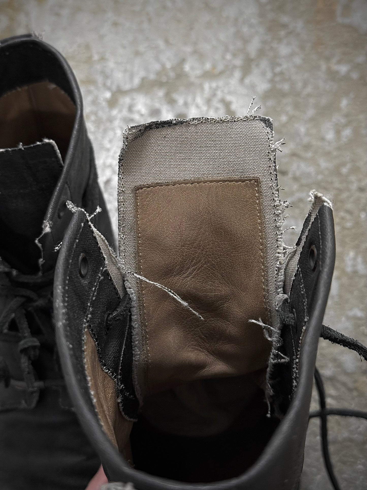 Layer-0 2010s Distressed Grey Waxed Coated Vespucci Sail Hemp Ankle Boots detail | DRIEW GARMENTS