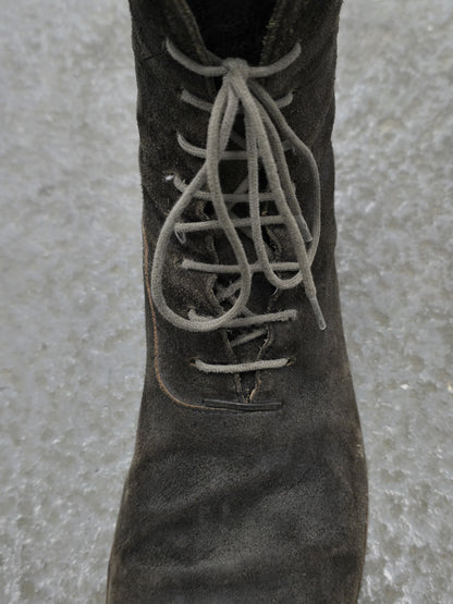 m.a+ by Maurizio Amadei 2010s Tall Lace-up Reverse Cow Leather Gothic Boots detail | DRIEW GARMENTS