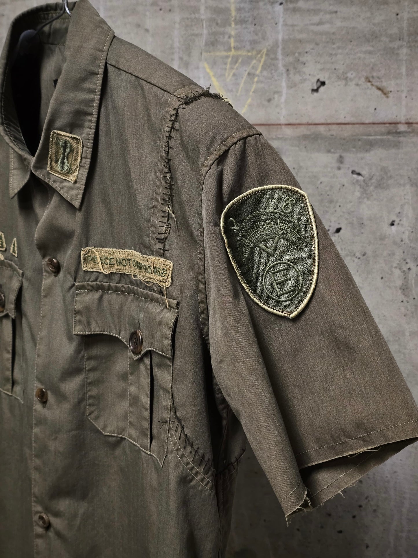 Undercover SS03 "SCAB" Military Green Embroidered Patch Short Sleeve Shirt