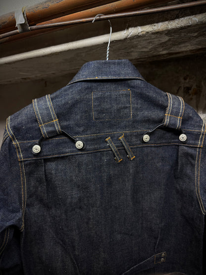 Yuji Yamada 00s 'FURNISHINGS' Removable Leather Harness Raw Denim 'Jean' Jacket detail | DRIEW GARMENTS