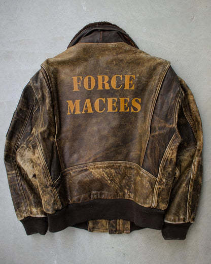 Kadoya Late 90s “FORCE MACEES” Sun Faded Leather Aviator Bomber Jacket