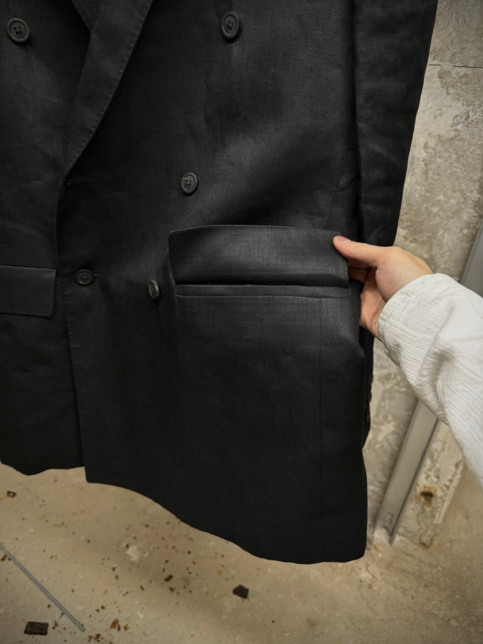 Rick Owens SS25 "HOLLYWOOD" Double Breasted ‘JMF’ Linen Twill Blazer detail | DRIEW GARMENTS