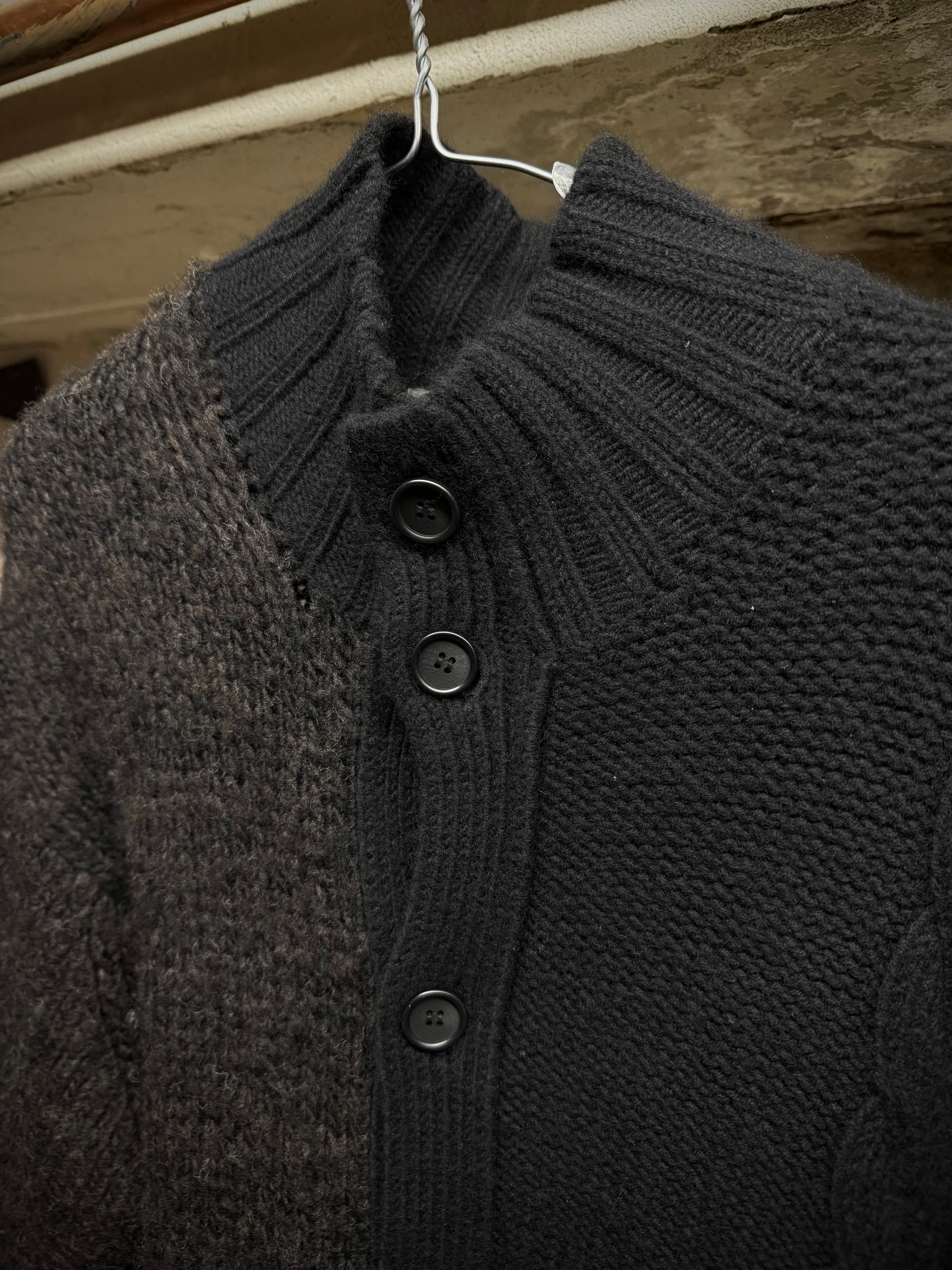 Yohji Yamamoto POUR HOMME AW15 Asymmetric Oversized Chunky Wool Cable Knit Cardigan detail | DRIEW GARMENTS