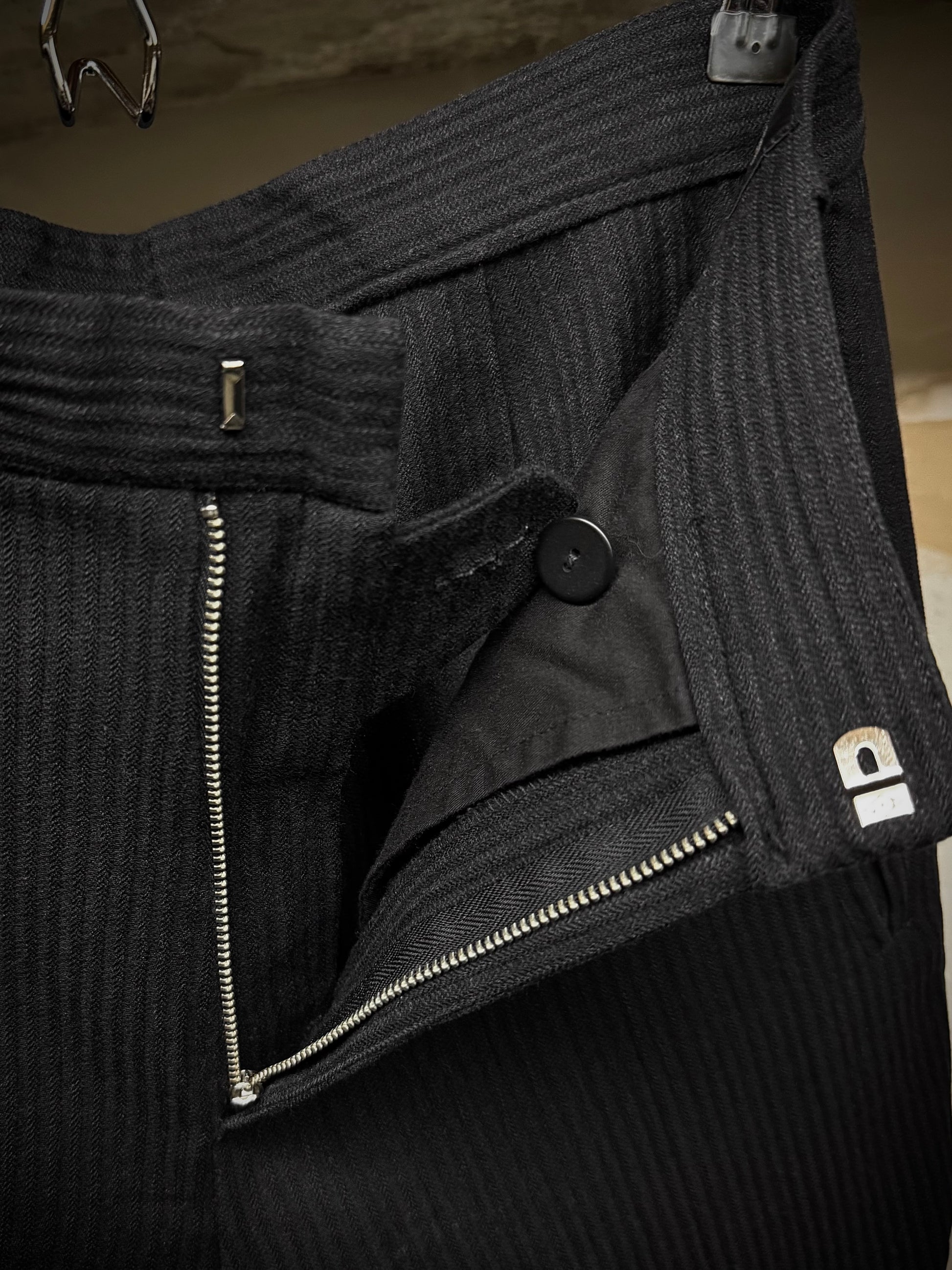 Ann Demeulemeester 90s Striped Wool Drawstring Hem Flare Pants detail | DRIEW GARMENTS