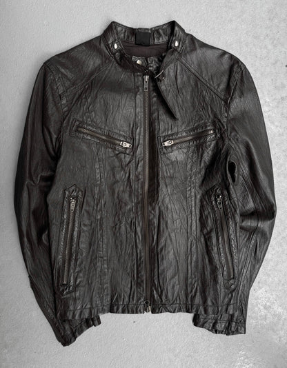The Jackrose Early 00s Multi-pockets Pig Skin Leather Rider Jacket features a black leather build with front zipper, two zippered chest pockets, and two side pockets—ideal for fans of Japanese menswear and biker style.