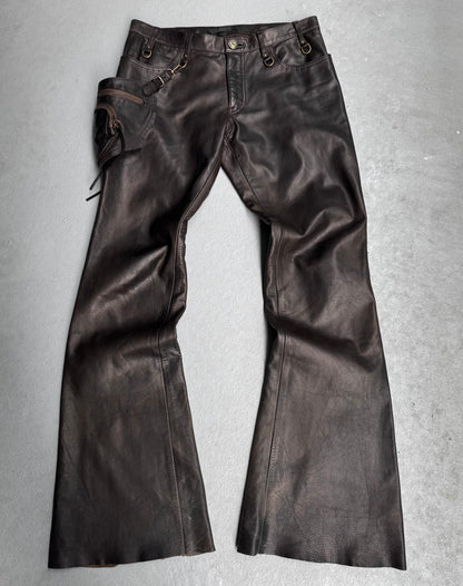 Obelisk Early 00s Brown Garment-dyed Cow Leather Flare Holster Pants