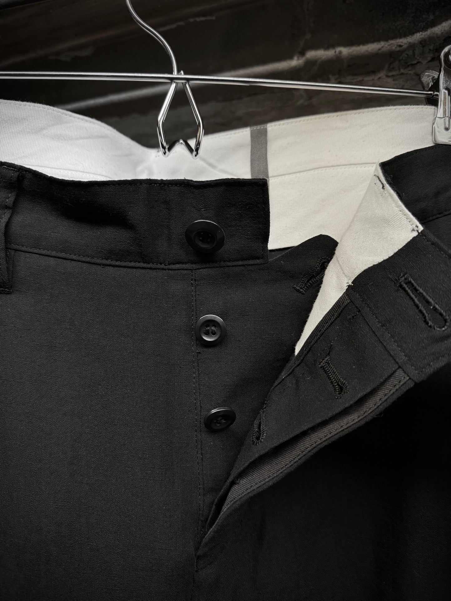 Attachment by Kazuyuki Kumagai Black Wool Linen Classic Dress Pants detail | DRIEW GARMENTS