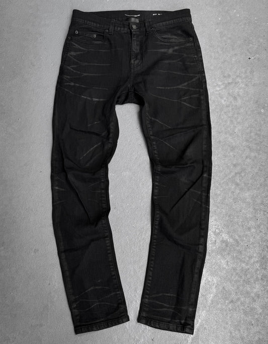 Saint Laurent Paris SS20 Black ‘D21’ Waxed Whiskers Skinny Denim