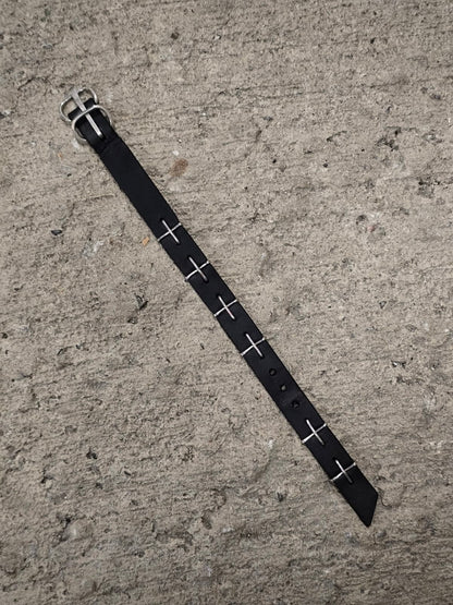 m.a+ 'A-F2BL1 GR 2.0' .925 Silver Cross Studded Cow Leather Wristband
