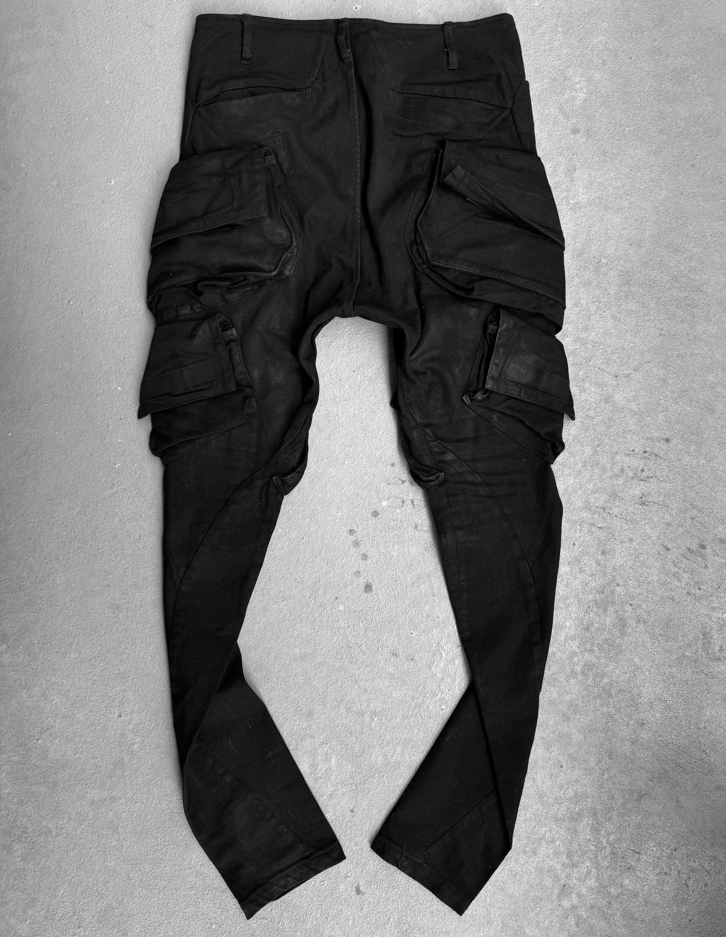 Julius_7 SS15 “prism;” Waxed Velcro Gas-Mask Cargos Skinny Denim