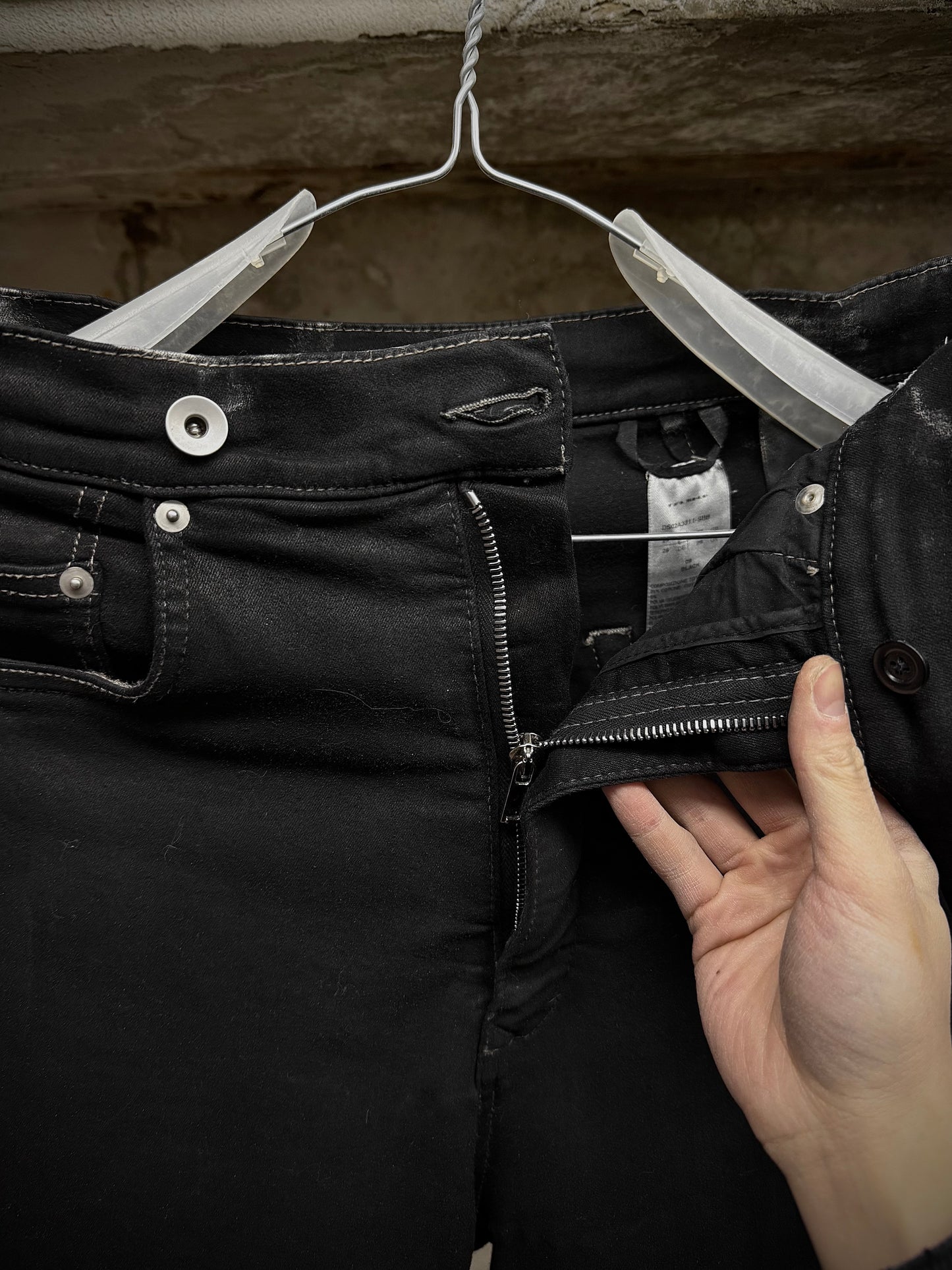 Rick Owens DRKSHDW AW21 "GETHSEMANE" 'BOLANS BOOTCUT' Waxed Flare Denim detail | DRIEW GARMENTS