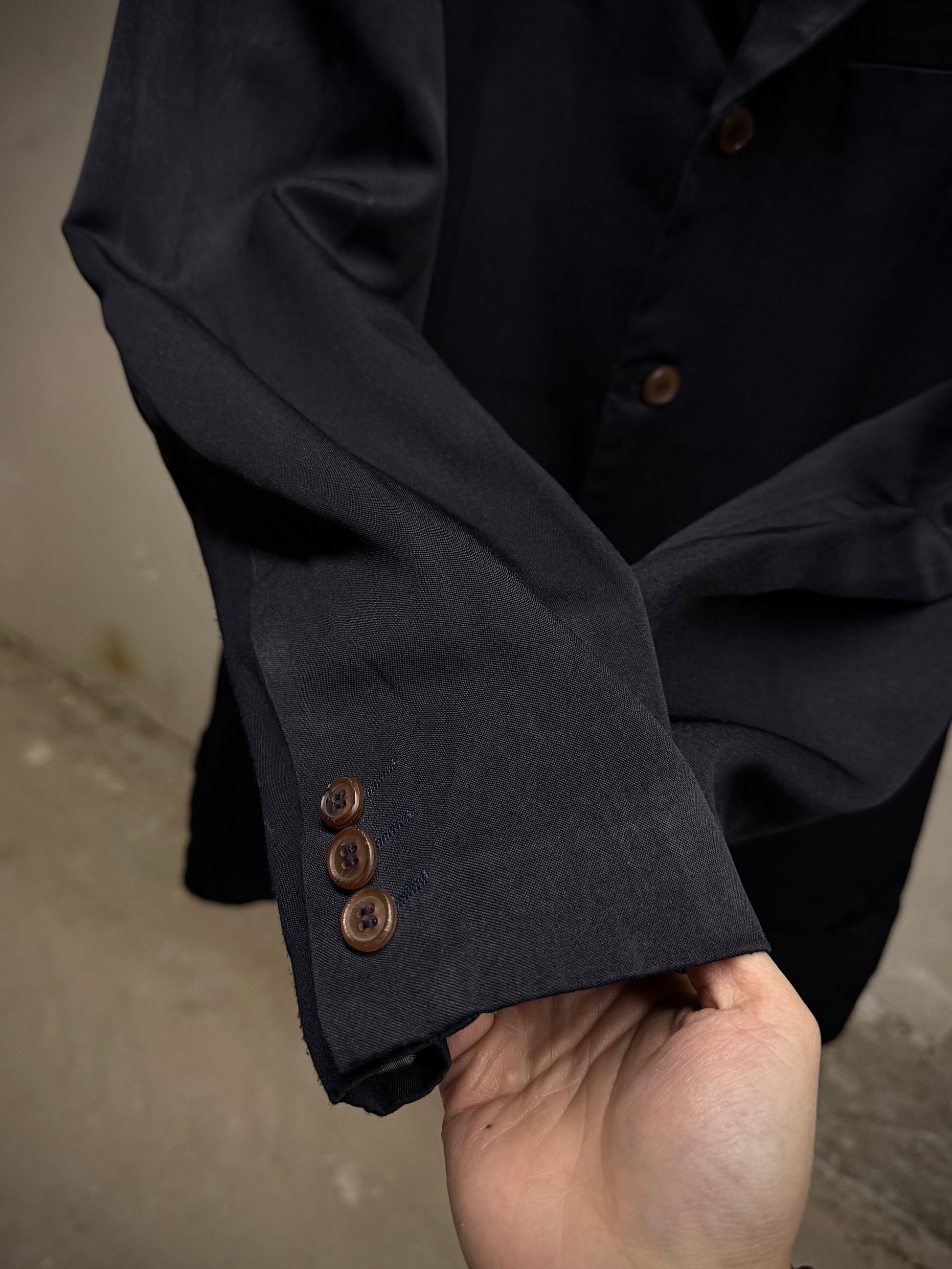 COMME des GARÇONS HOMME PLUS AW13 Dark Navy Hem Strap Poly Long Blazer detail | DRIEW GARMENTS