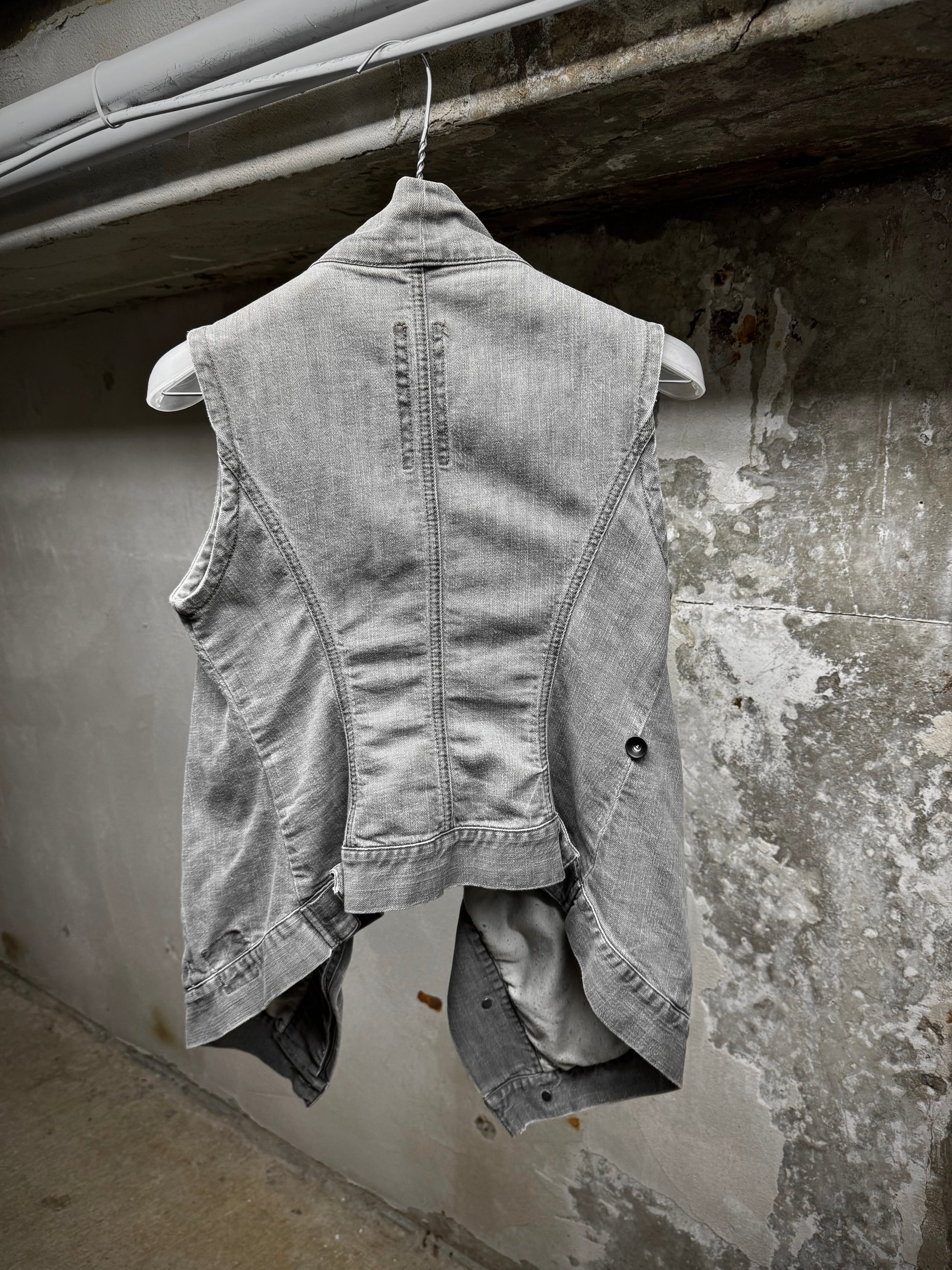 Rick Owens DRKSHDW AW08 "STAG" EGG Asymmetric Denim Vest detail | DRIEW GARMENTS