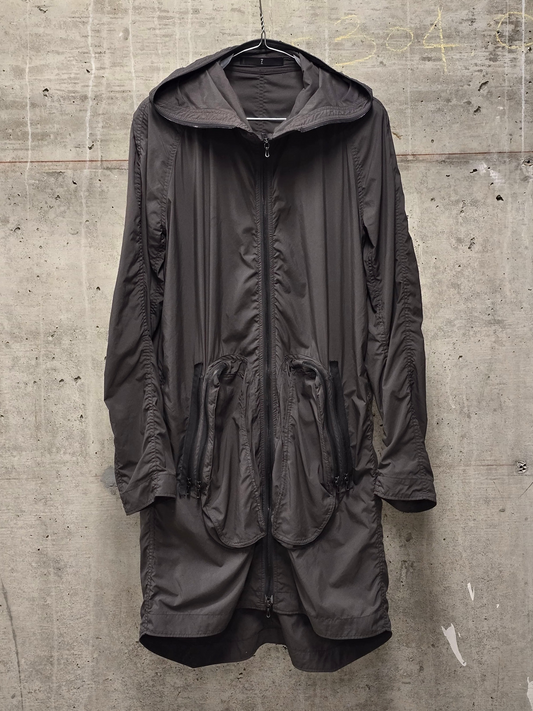 Julius_7 SS08 “Insanity In Industrial Inc.” Grey Hooded Poly Dual Zip Cargo Jacket