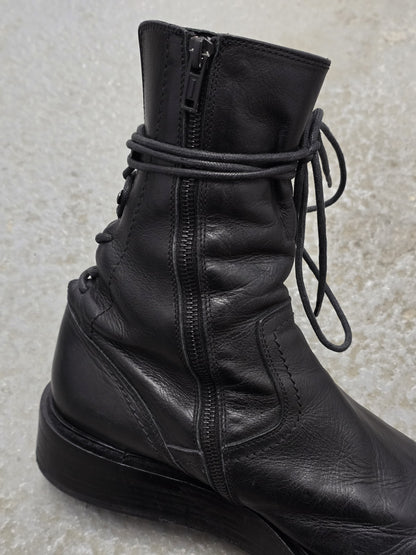 Ann Demeulemeester AW21 Black ‘Vitello’ Back-Lace Leather Boots