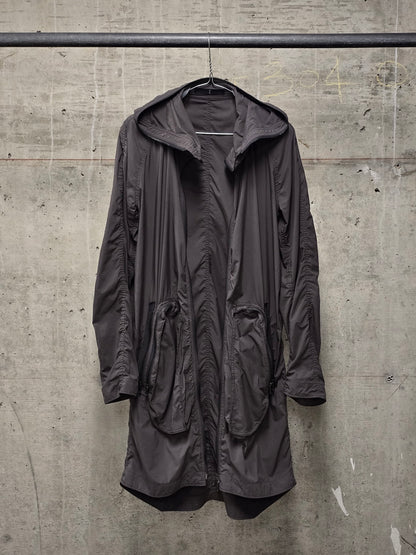 Julius_7 SS08 “Insanity In Industrial Inc.” Grey Hooded Poly Dual Zip Cargo Jacket